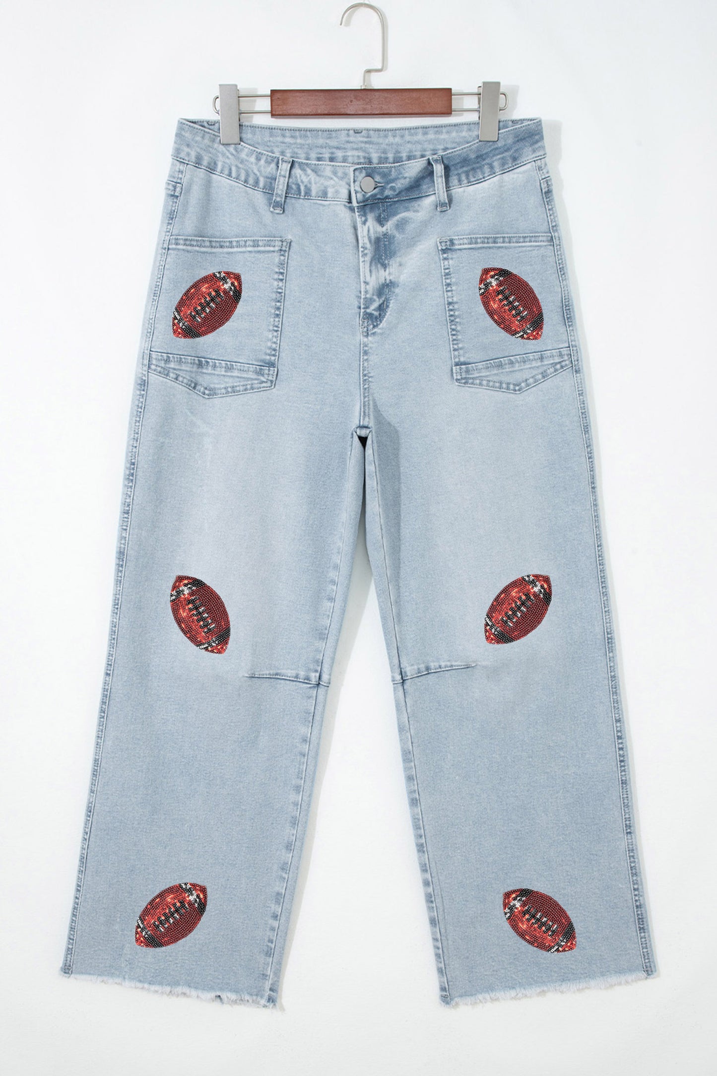 Back to School Gameday Sequin Football Raw Hem Jeans