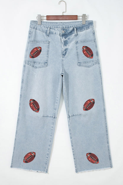 Back to School Gameday Sequin Football Raw Hem Jeans