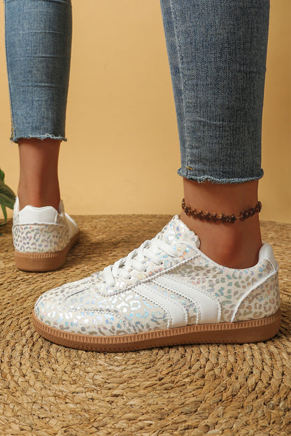 Leopard Print Shimmer Lace Up Sneakers PU Leather Shoes