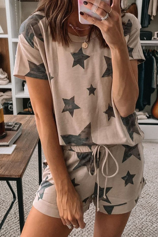 Women Star Print Lounge Set Casual Tee Shorts Two Piece