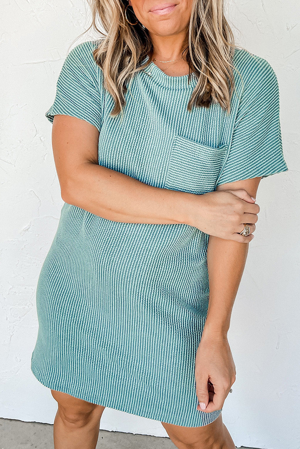 Striped Ribbed Knit Pocket T-Shirt Dress for Women