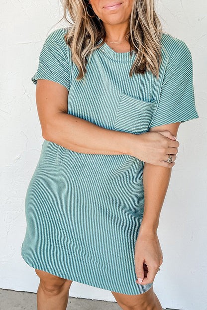 Striped Ribbed Knit Pocket T-Shirt Dress for Women