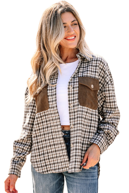 Plaid Shacket with Contrast Corduroy Flap Pockets
