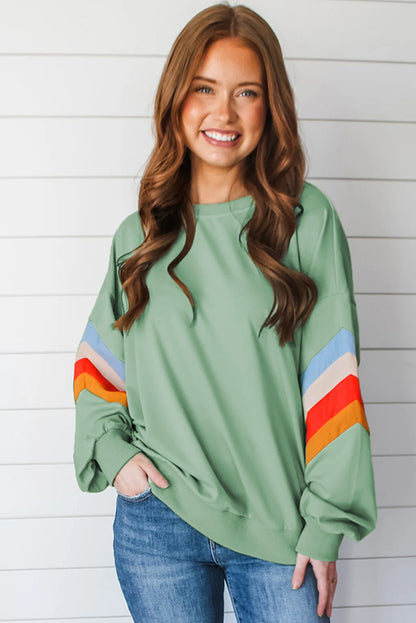 Moonlight Jade Rainbow Striped Sleeve Crew Neck Loose Sweatshirt