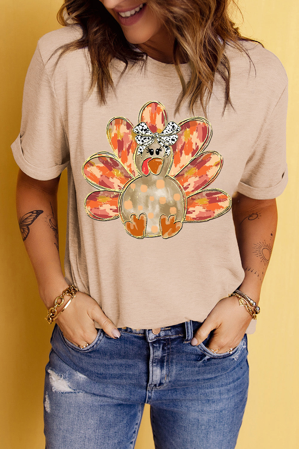 Khaki Bowknot Turkey Graphic Tee for Women Thanksgiving Top