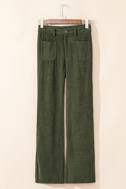 Brown High Waist Square Pockets Corduroy Pants