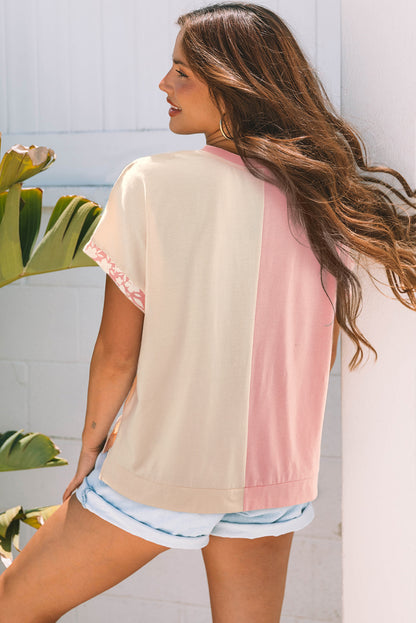 Women Color Block Flower Applique Casual T Shirt