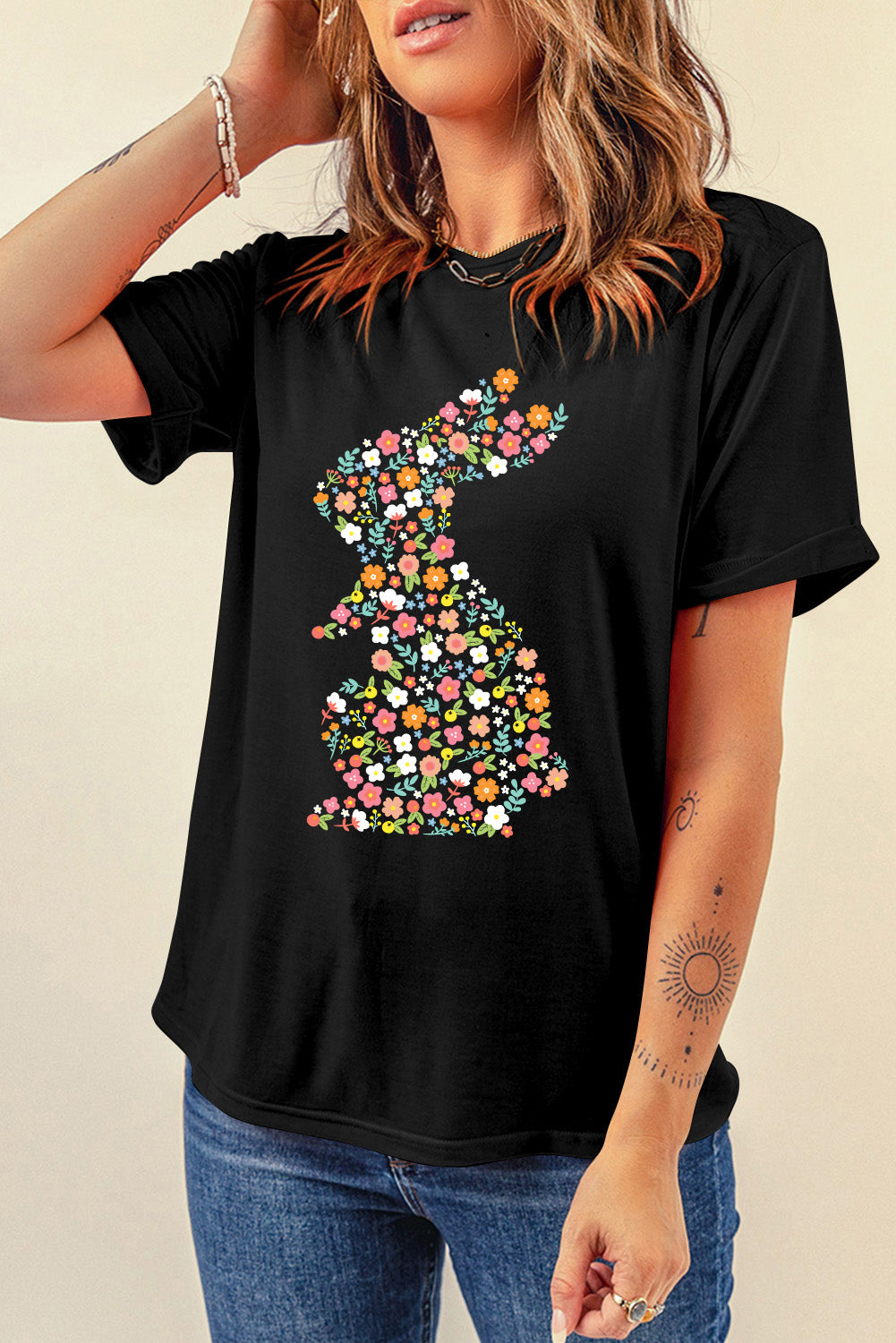 Easter Floral Bunny Graphic Short Sleeve T Shirt
