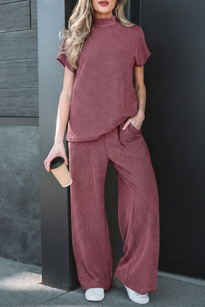 Burgundy Ribbed High Neck Tee Wide Leg Pant Set