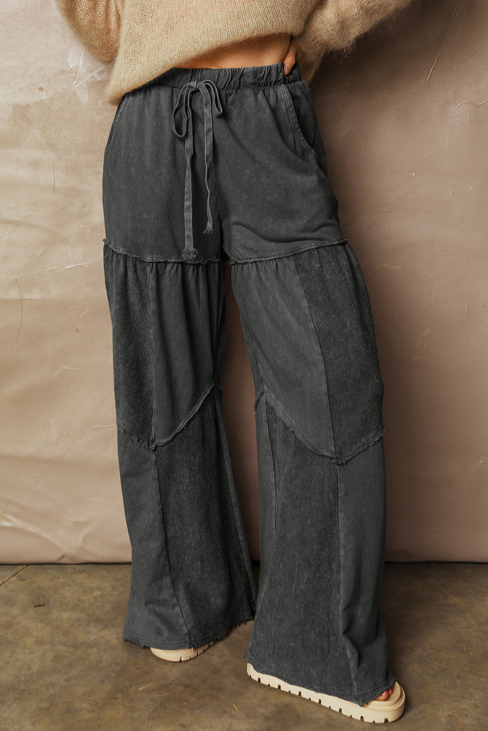 Women's Black Mineral Wash Wide Leg Patchwork Pants