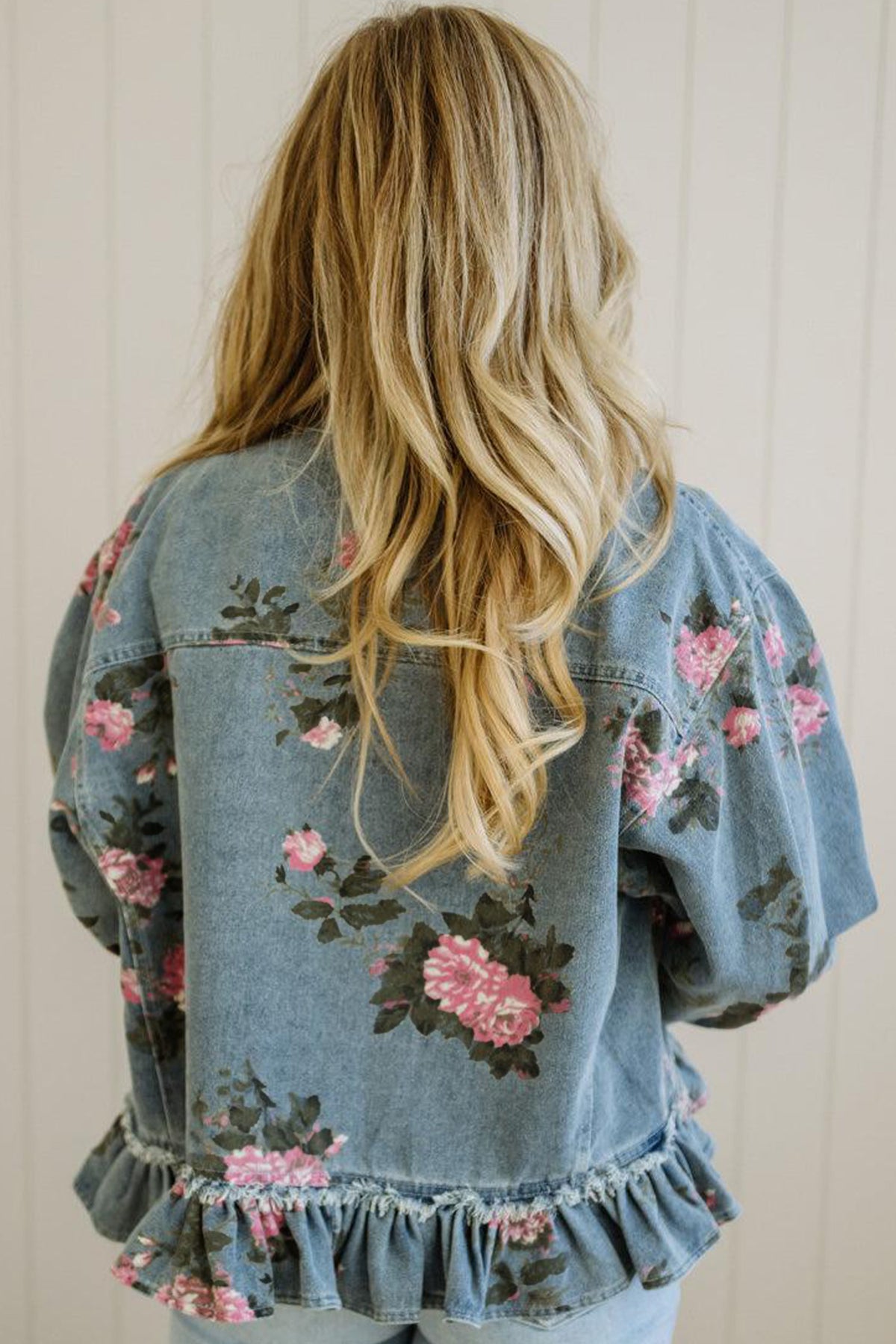 Floral Denim Jacket Ruffle Hem Puff Sleeve Cropped