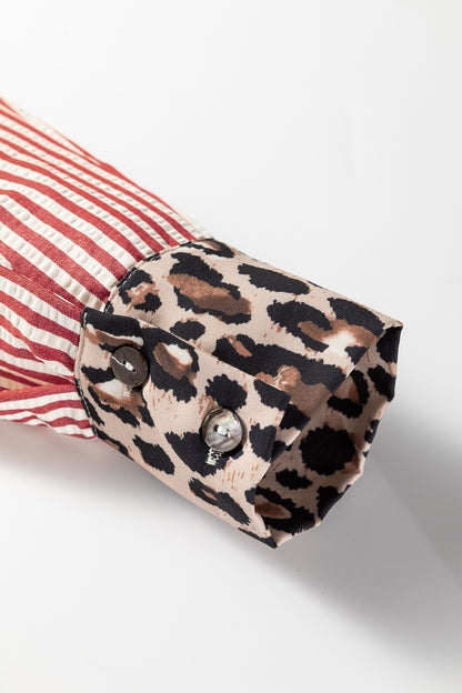 Black Striped Leopard Print Patchwork Button Up Womens Shirt