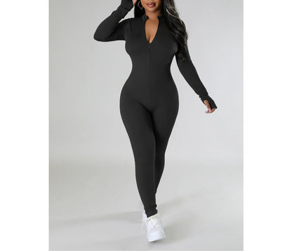 Fleece Lined Zip Up Long Sleeve Bodycon Jumpsuit
