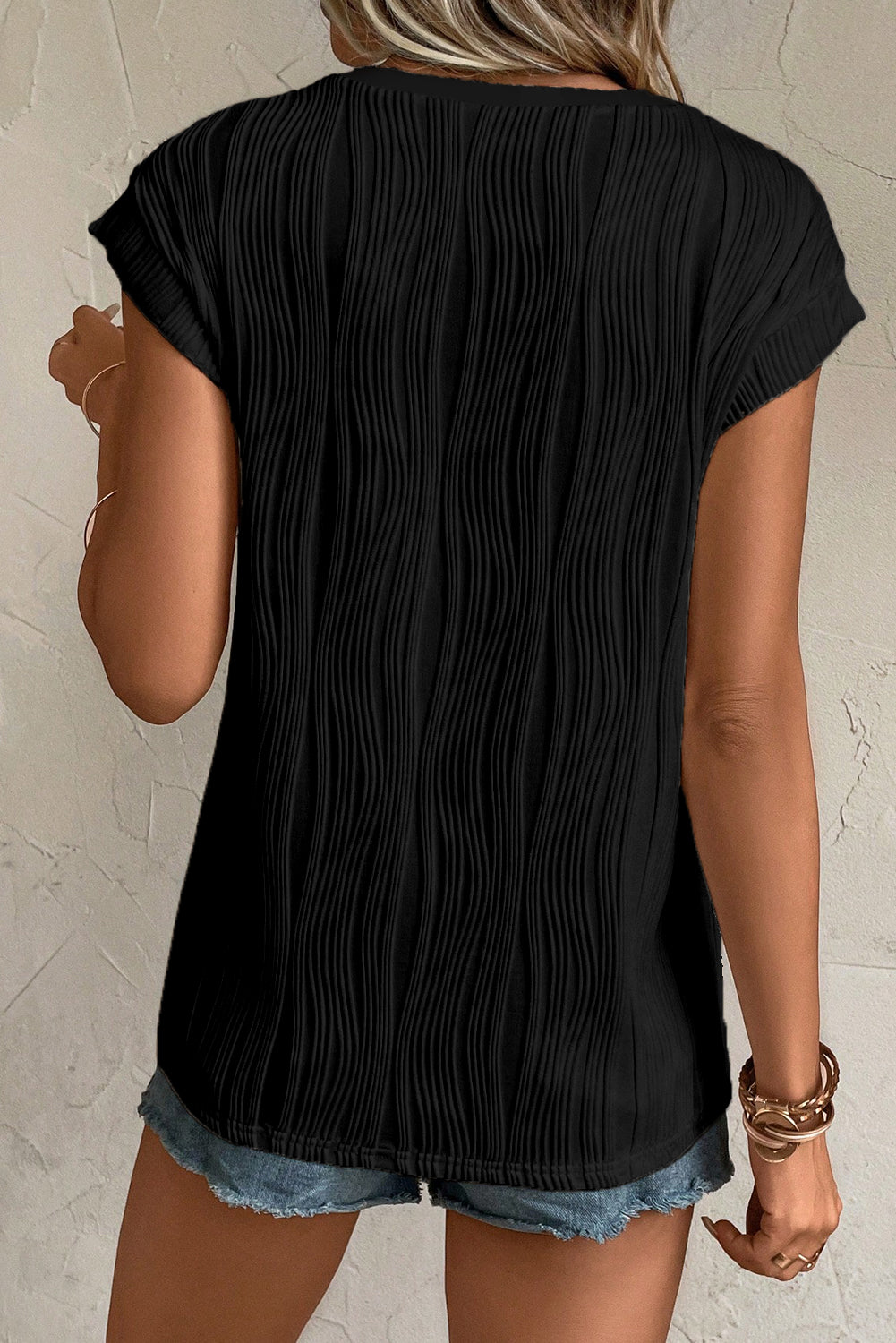 Ribbed V Neck Button Cap Sleeve Knit Top Casual