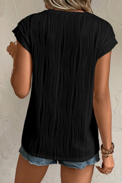 Ribbed V Neck Button Cap Sleeve Knit Top Casual