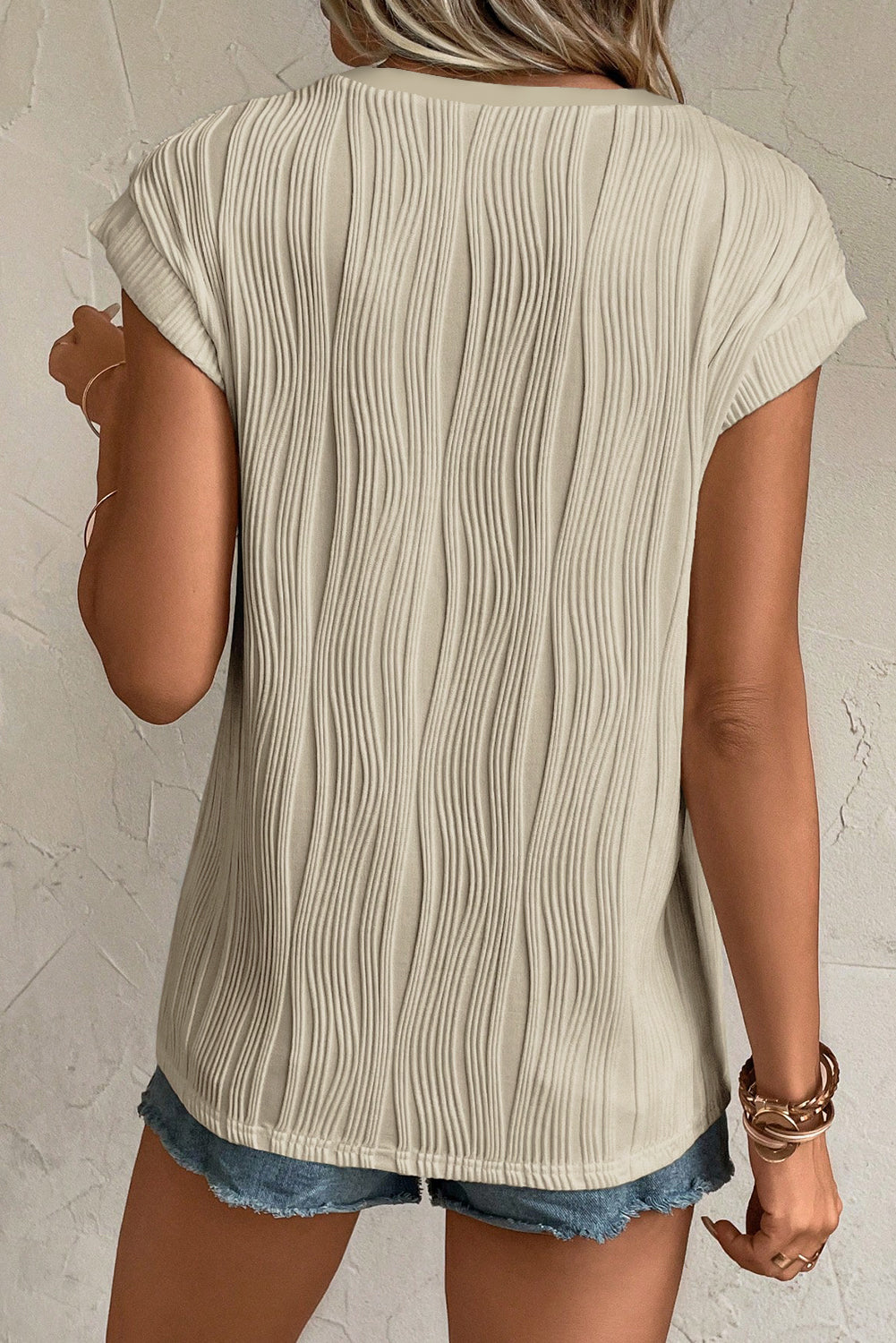 Ribbed V Neck Button Cap Sleeve Knit Top Casual