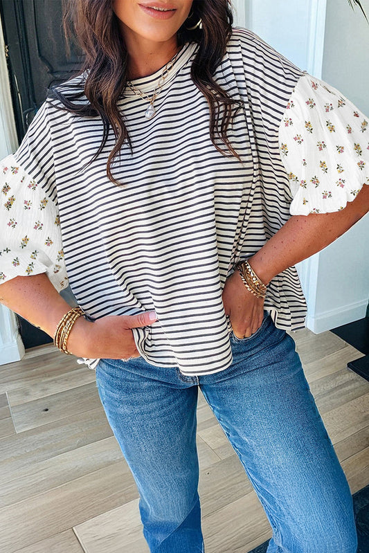 Striped Floral Patchwork Puff Sleeve Loose Casual Top