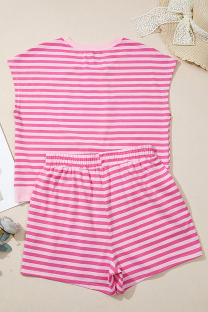 Pink Stripe Cap Sleeve Top and Elastic Waist Shorts Set