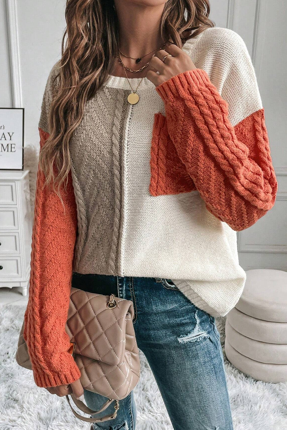 Gold Flame Colorblock Cable Knit Sweater Drop Shoulder