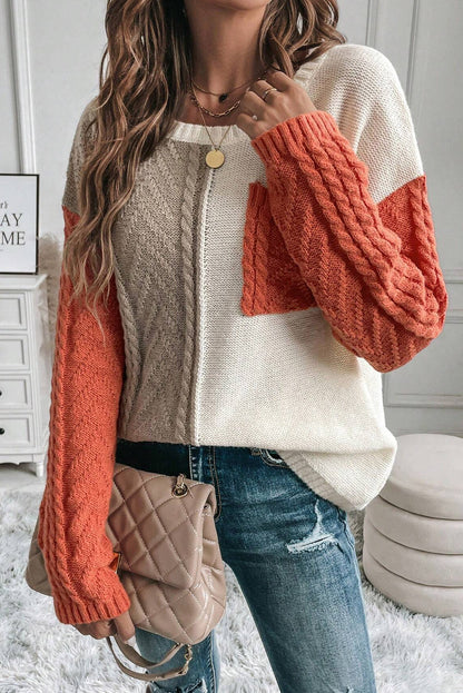 Gold Flame Colorblock Cable Knit Sweater Drop Shoulder