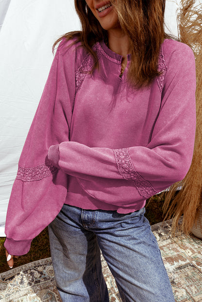 Lace Patchwork Notched Neck Mineral Wash Sweatshirt