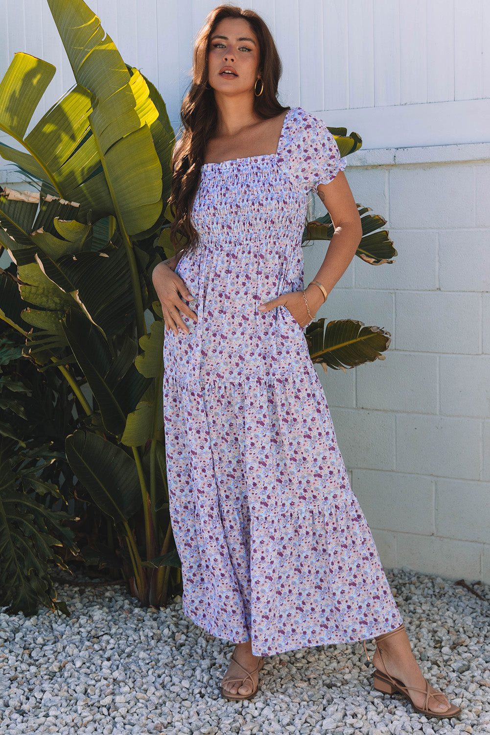 Purple Floral Off Shoulder Smocked Maxi Dress