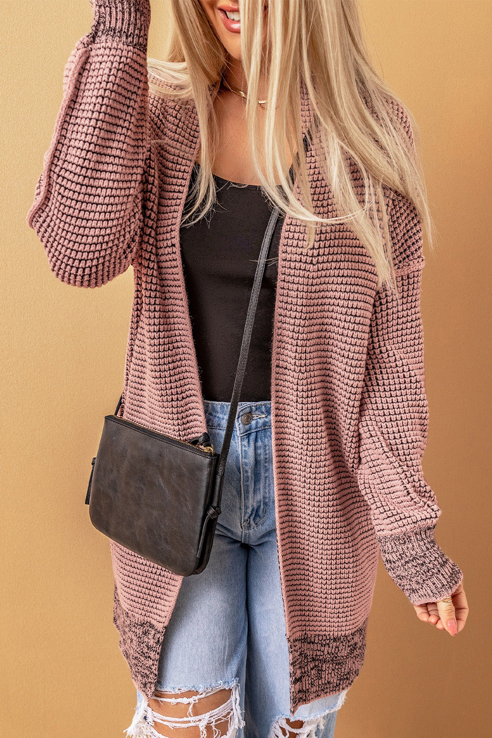 Black Plaid Knitted Long Open Front Cardigan