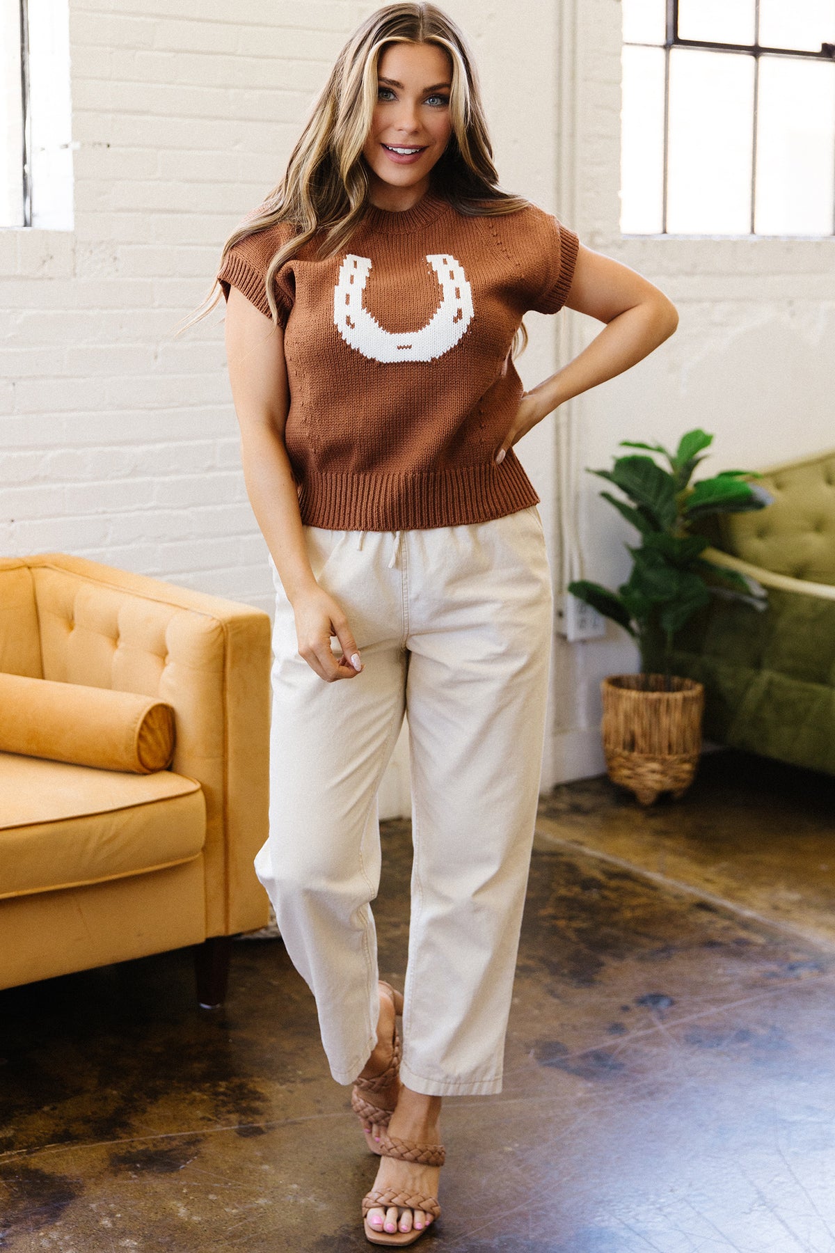 Western Horseshoe Knit Sweater Tee Short Sleeve Pullover