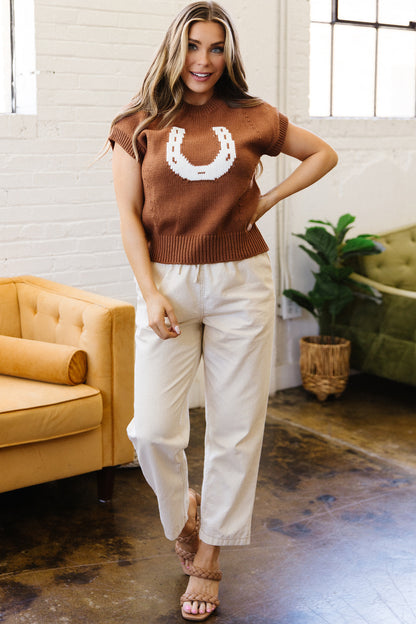 Western Horseshoe Knit Sweater Tee Short Sleeve Pullover