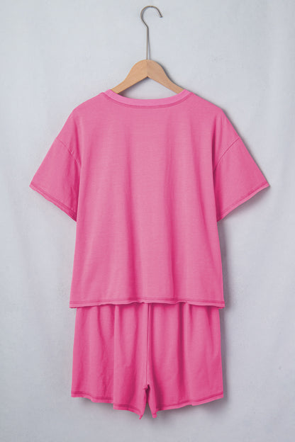 Bright Pink Lounge Set Rainbow Waistband Tee and Shorts