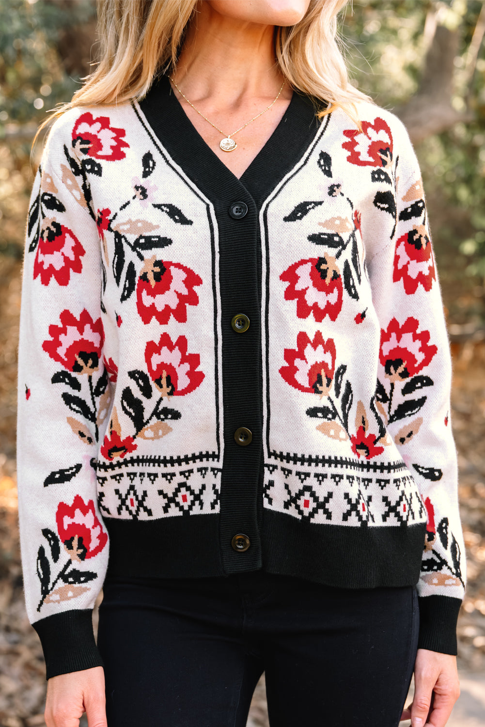 Floral V Neck Button Front Knit Cardigan Sweater