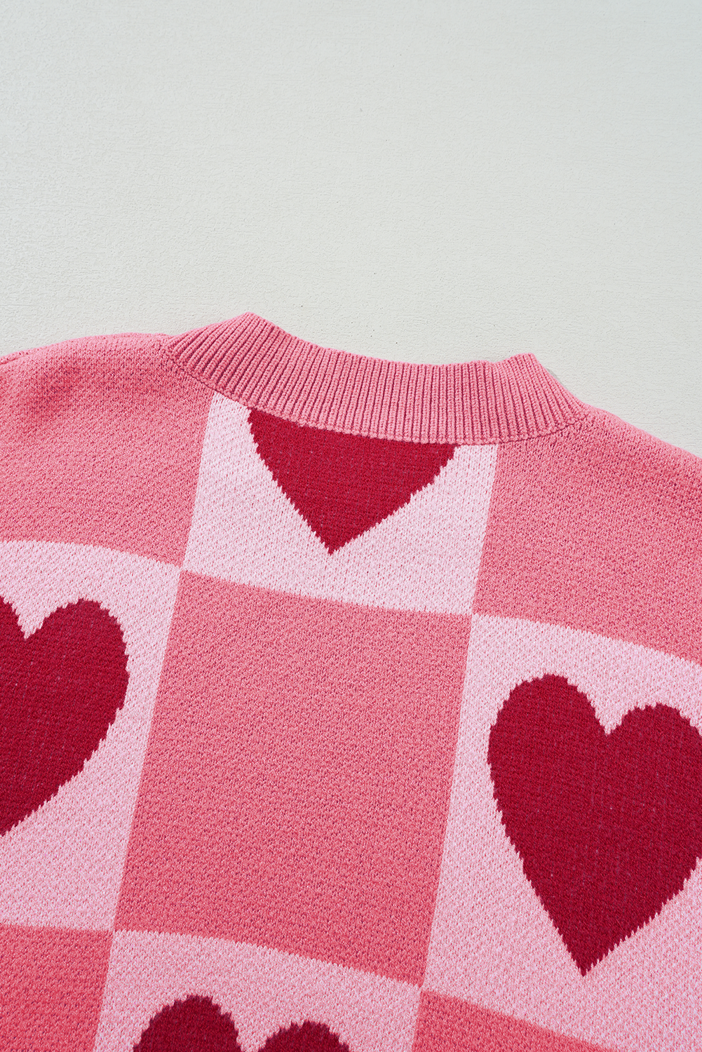 Pink Heart Checker Valentine Mock Neck Lantern Sleeve Sweater