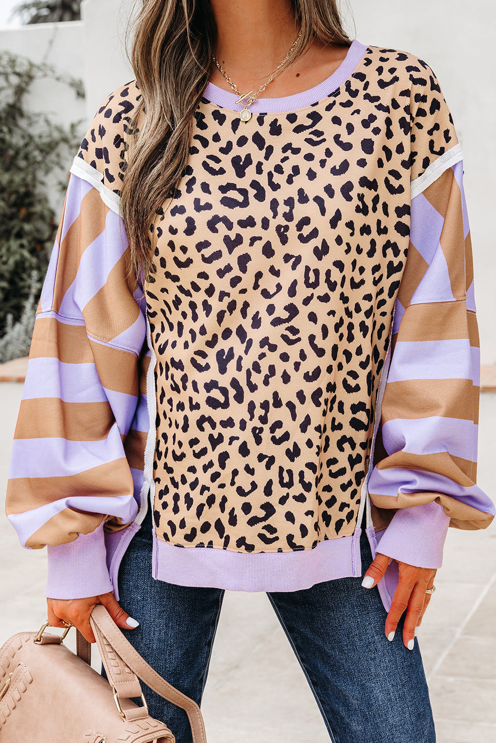 Khaki Stripe Colorblock Leopard Oversized Sweatshirt