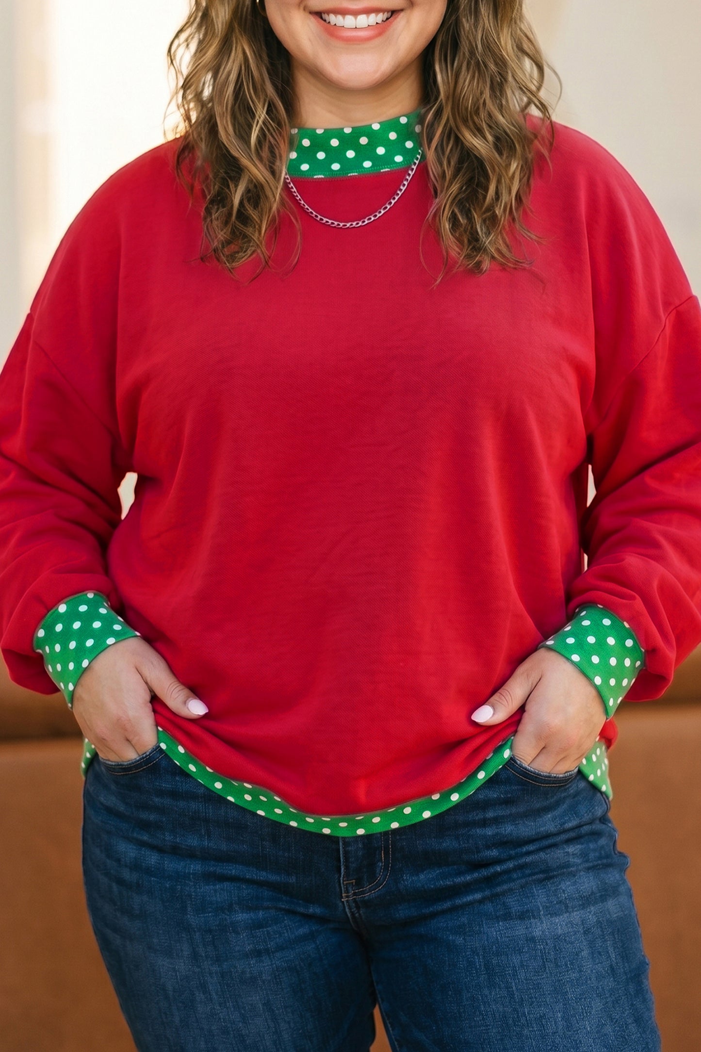 Polka Dot Trim Plus Size Crew Neck Tunic Sweatshirt