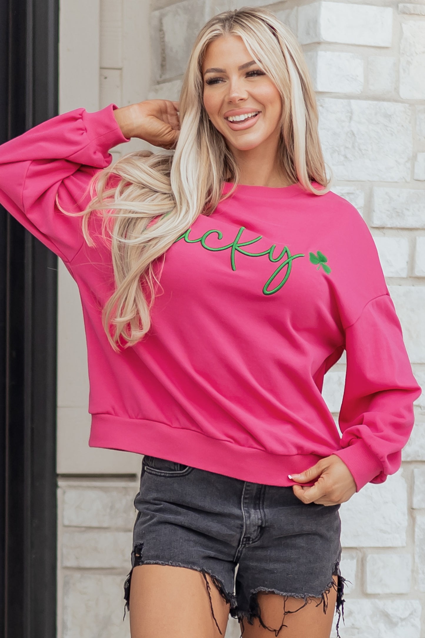 Rose Red St Patrick’s Lucky Clover Embroidered Sweatshirt