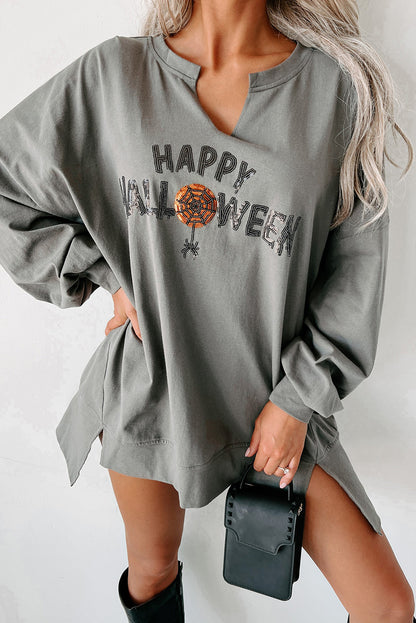Sequin Happy Halloween Graphic Notched Neck Top