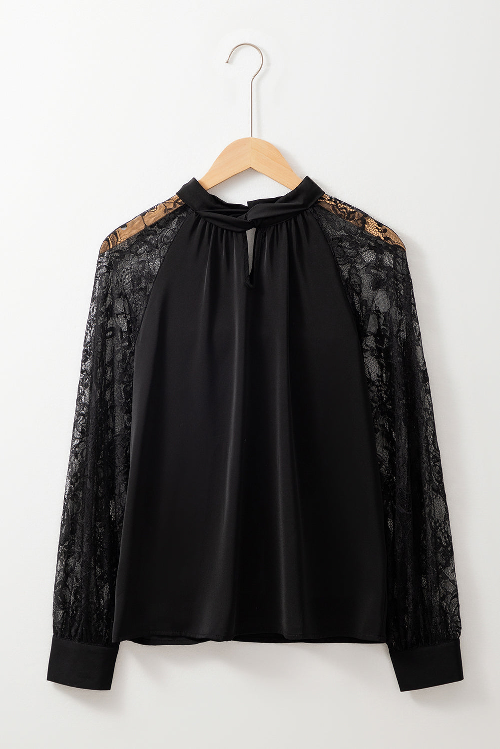 Black Lace Sleeve Keyhole Blouse Elegant Long Sleeve Top