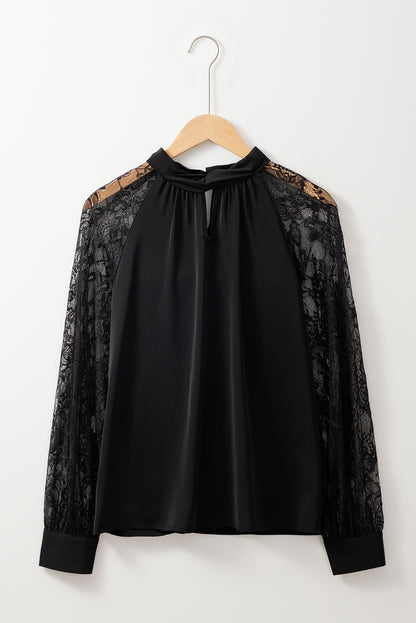 Black Lace Sleeve Keyhole Blouse Elegant Long Sleeve Top