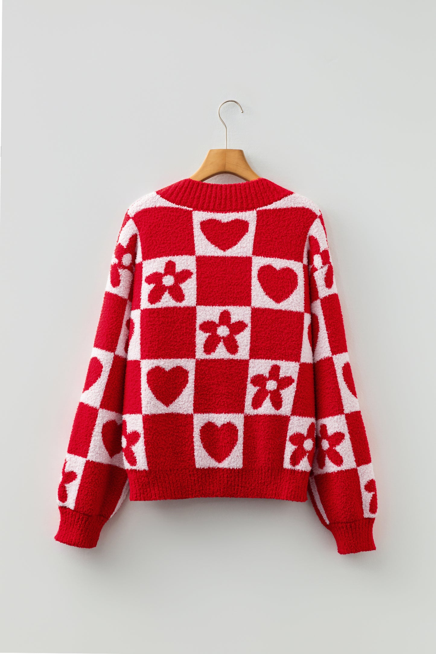 Red Checkered Heart Flower V Neck Knit Sweater for Women