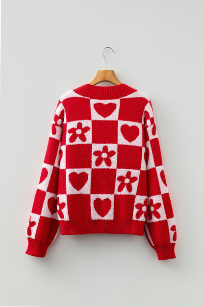 Red Checkered Heart Flower V Neck Knit Sweater for Women