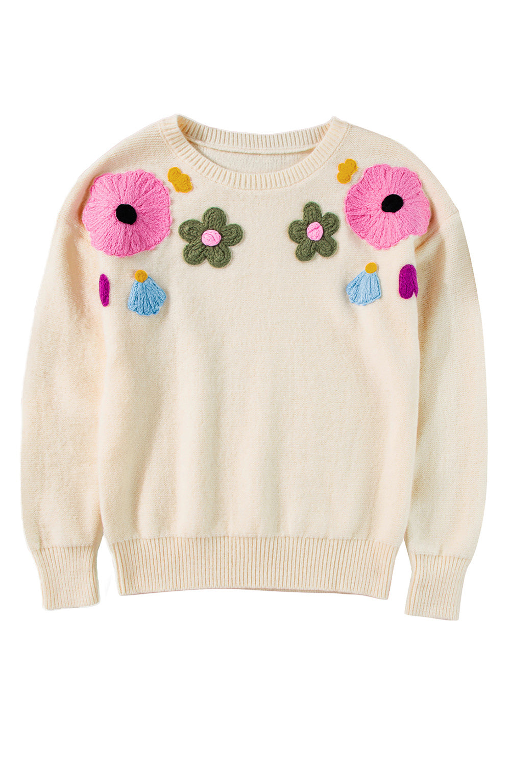 Pink Knitted Flower Pattern Ribbed Edge Sweater