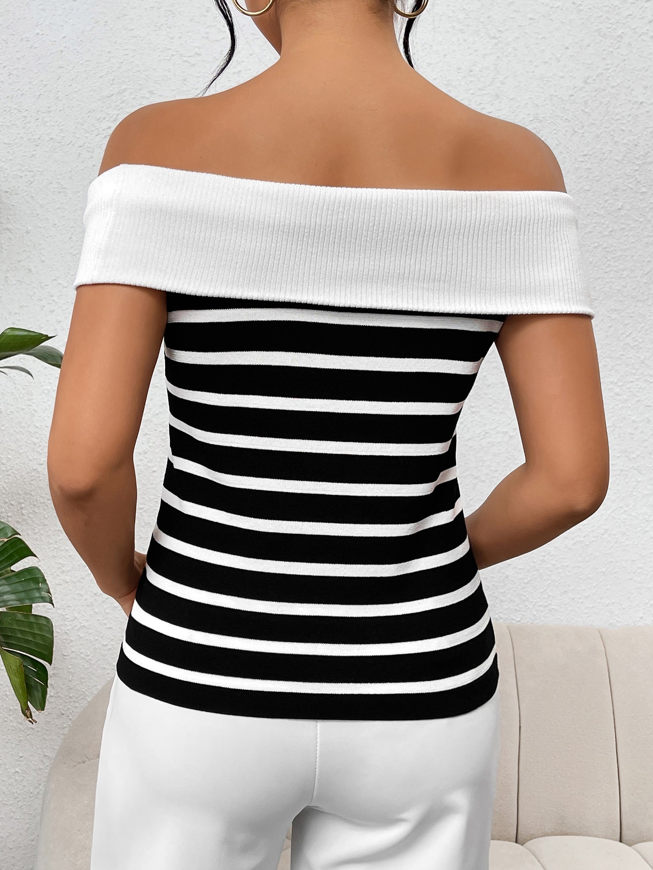 Off Shoulder Striped Knit Top Button Front Sweater Women