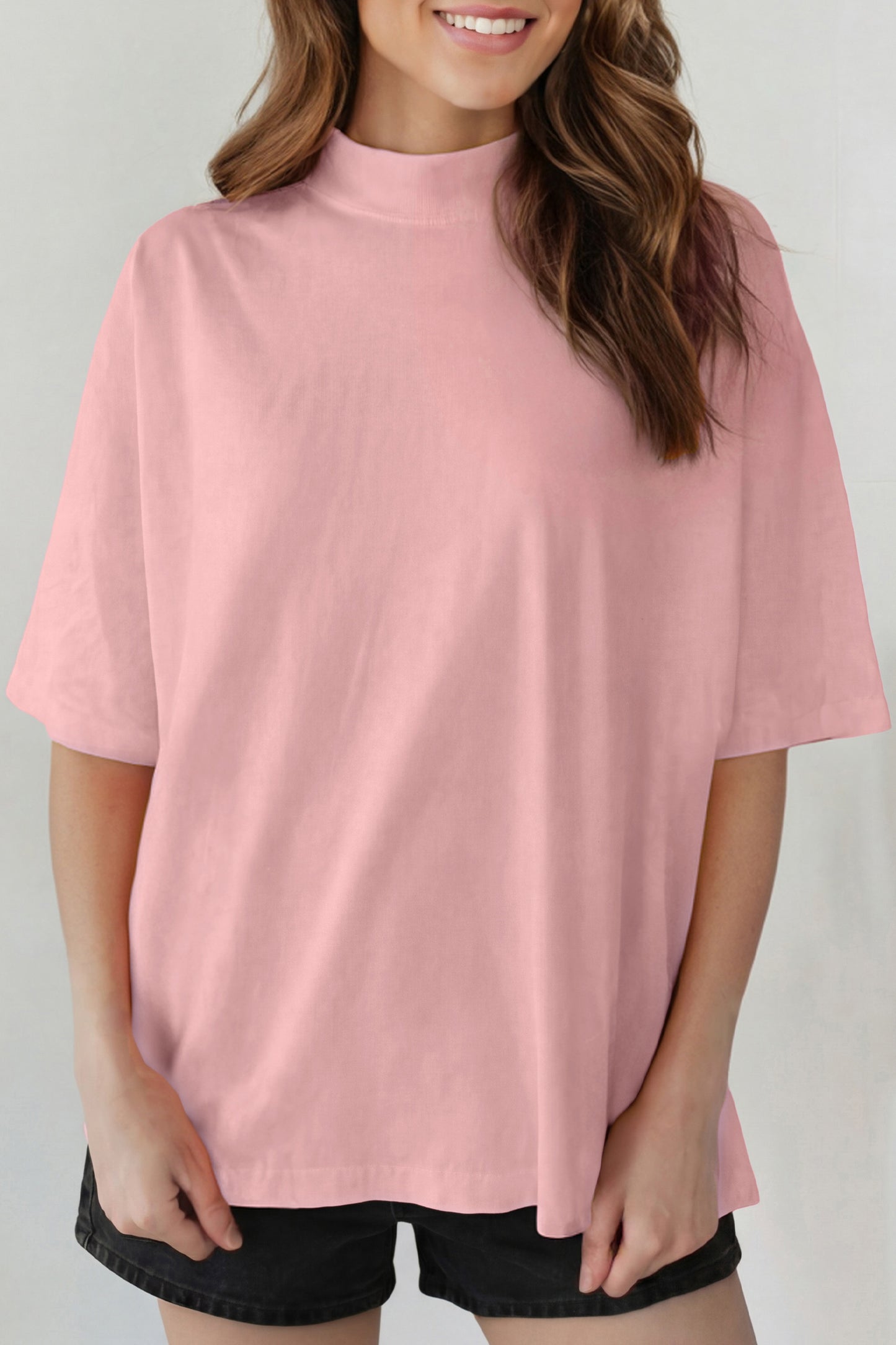 Dark Blue Oversized Mock Neck Tee Casual Relaxed Top