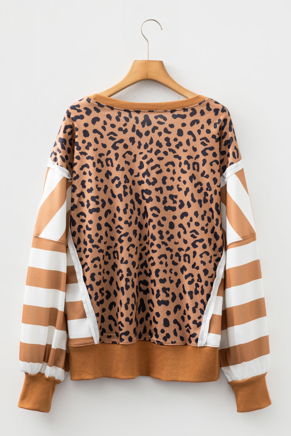 Khaki Stripe Colorblock Leopard Oversized Sweatshirt
