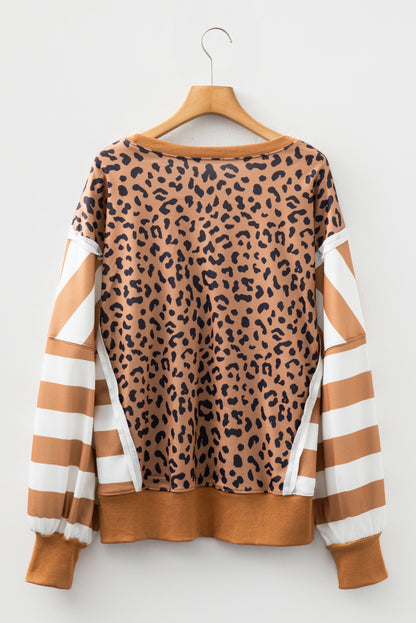 Khaki Stripe Colorblock Leopard Oversized Sweatshirt