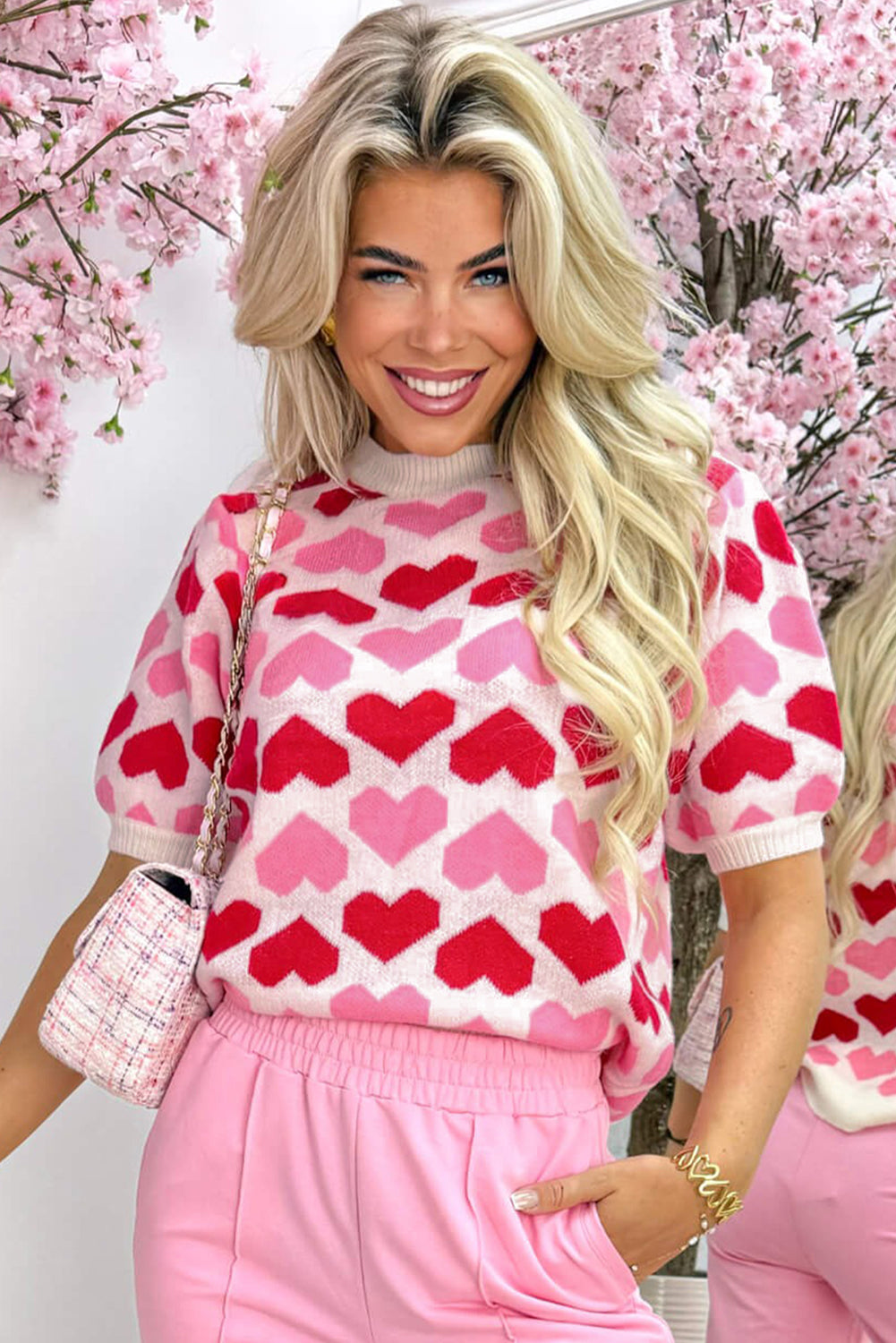 Pink Heart Print Short Sleeve Knit Sweater Valentine Top
