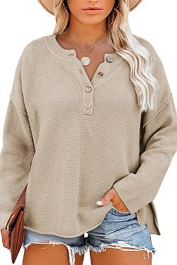 Women's Oversized Sweaters Batwing Long Sleeve Loose V Neck Button Henley Tops Pullover Knit