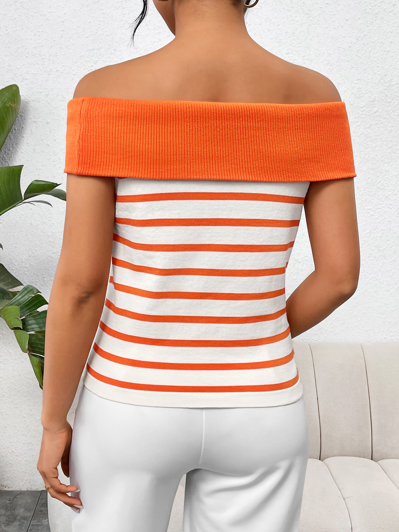 Off Shoulder Striped Knit Top Button Front Sweater Women