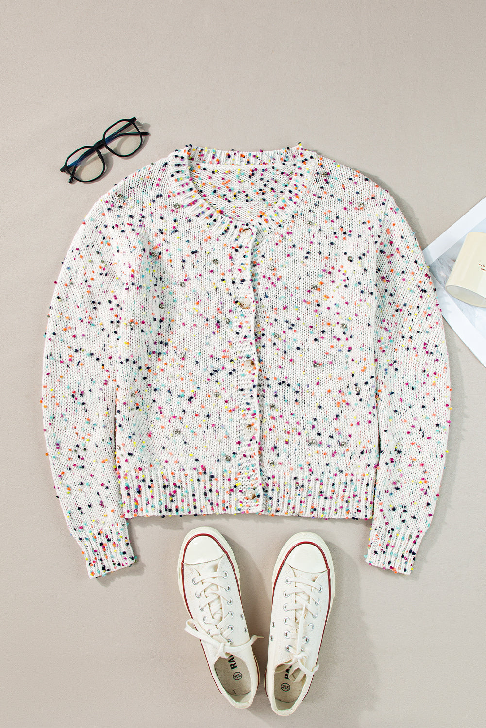 Apricot Rhinestone Decor Multicolor Confetti Sweater Cardigan