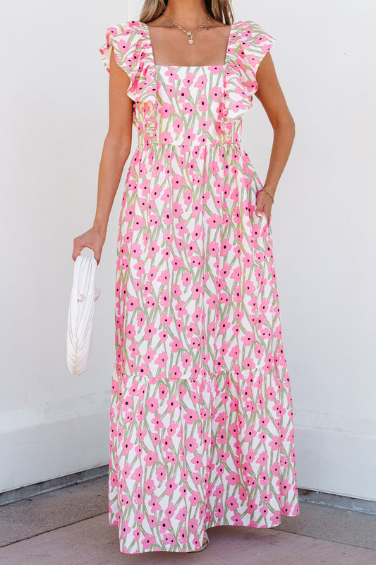 Pink Floral Square Neck Ruffle Sleeve Maxi Dress